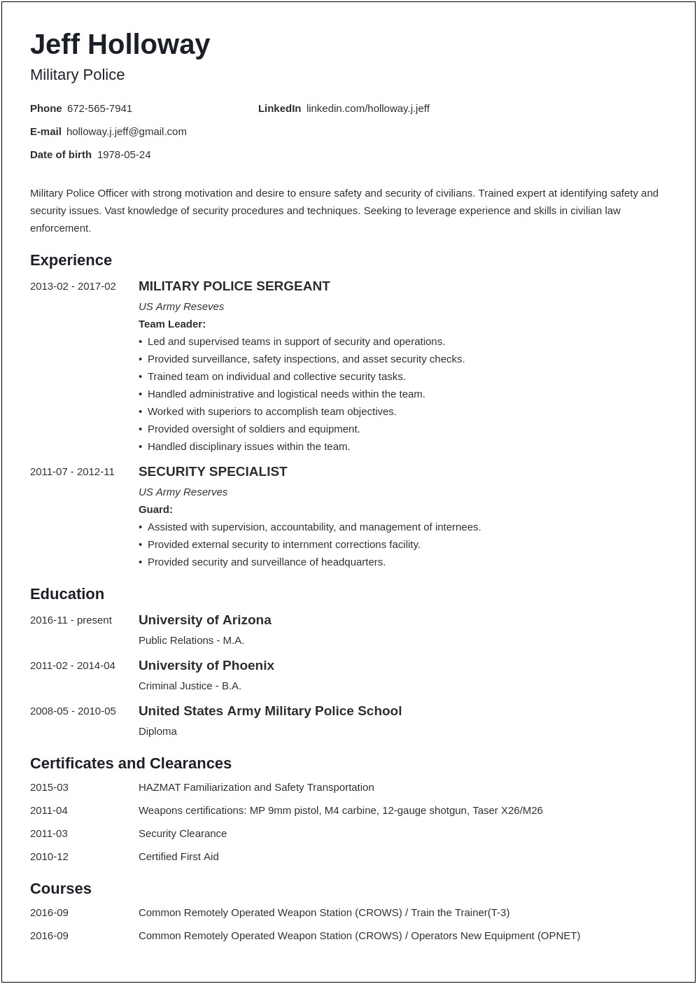 Army Warrant Officer Resume Sample