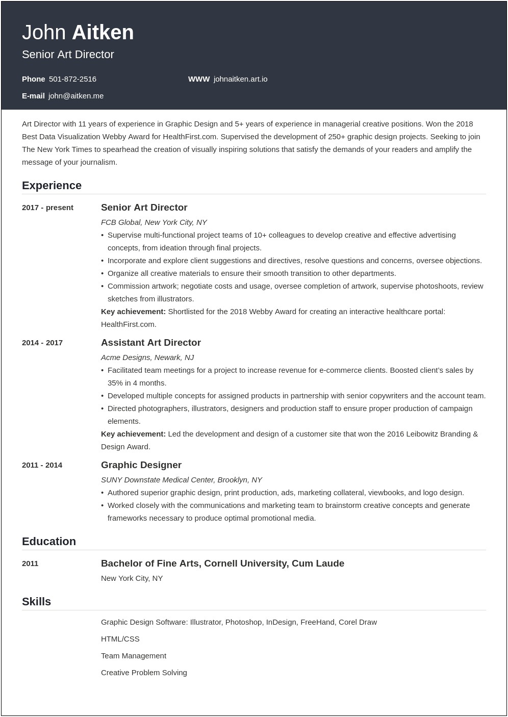 Art Director Resume Objective Examples
