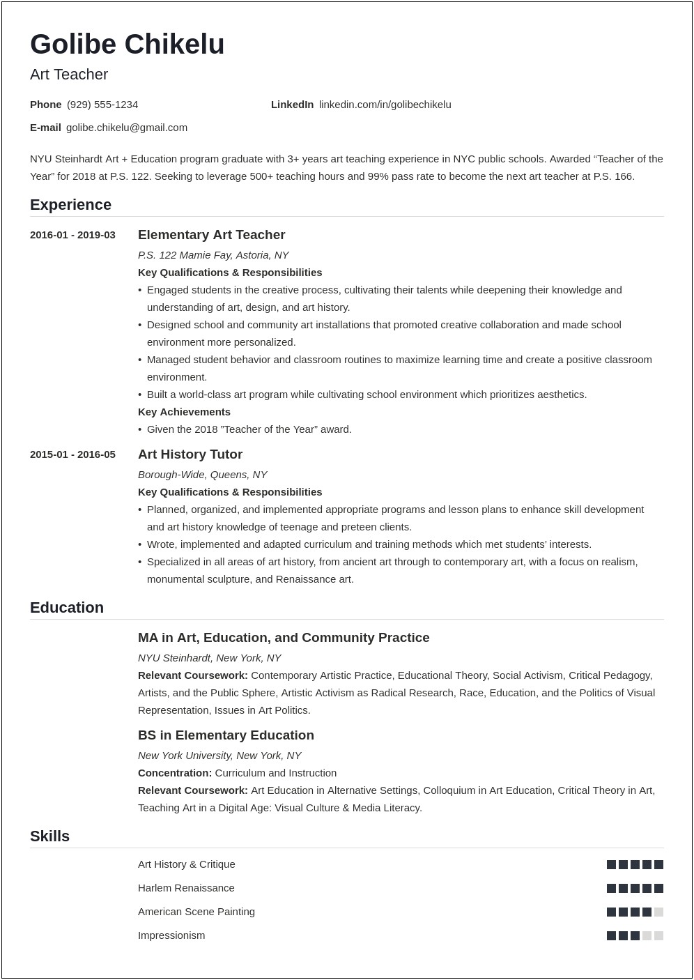 Arts And Crafts Resume Sample