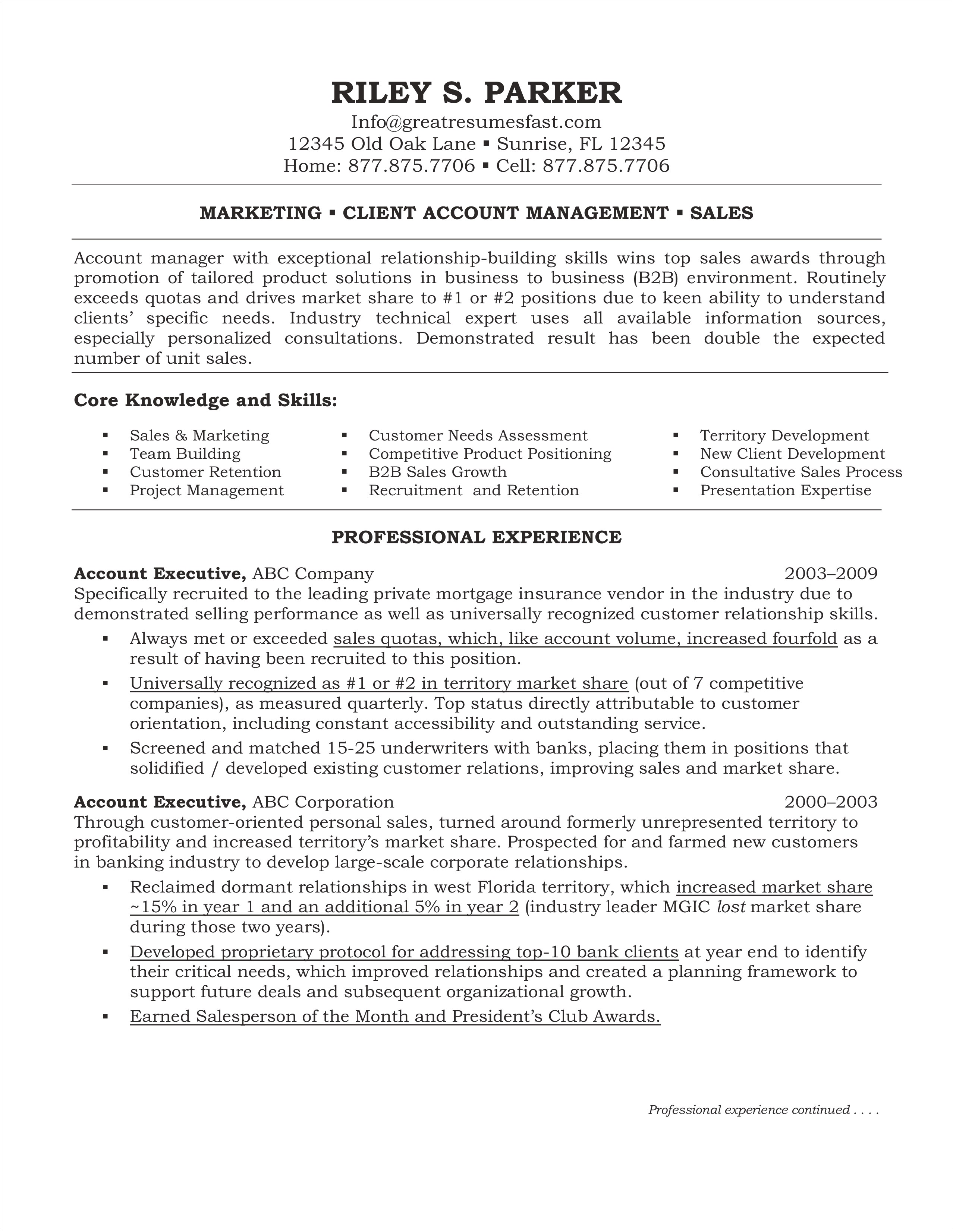 Asample Of Executive Account Manager Resume