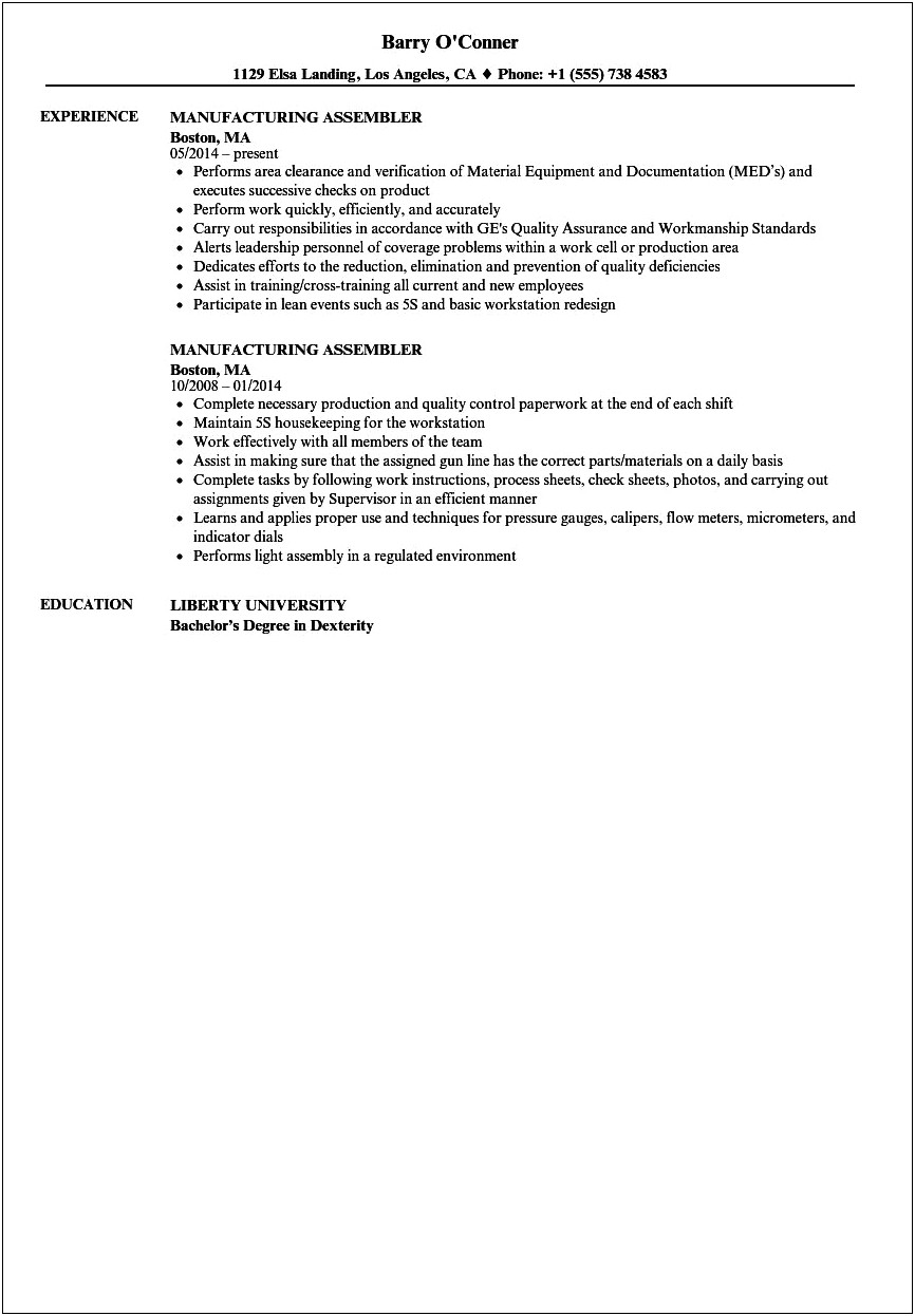 Assembler Job Description For Resume