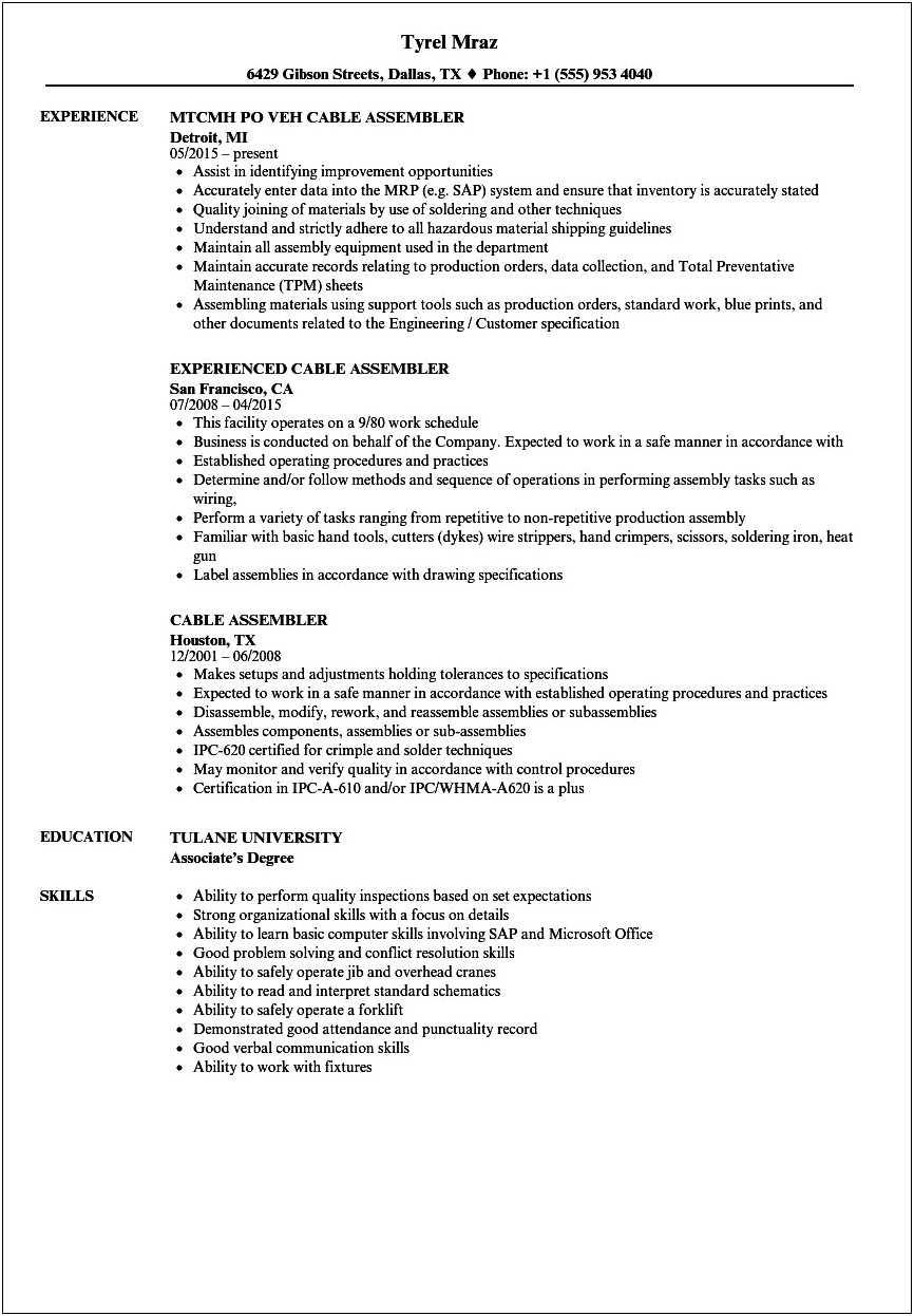 Assembler Skills List For Resume