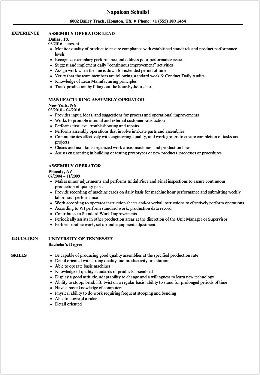 Assembly Line Objective Resume Example