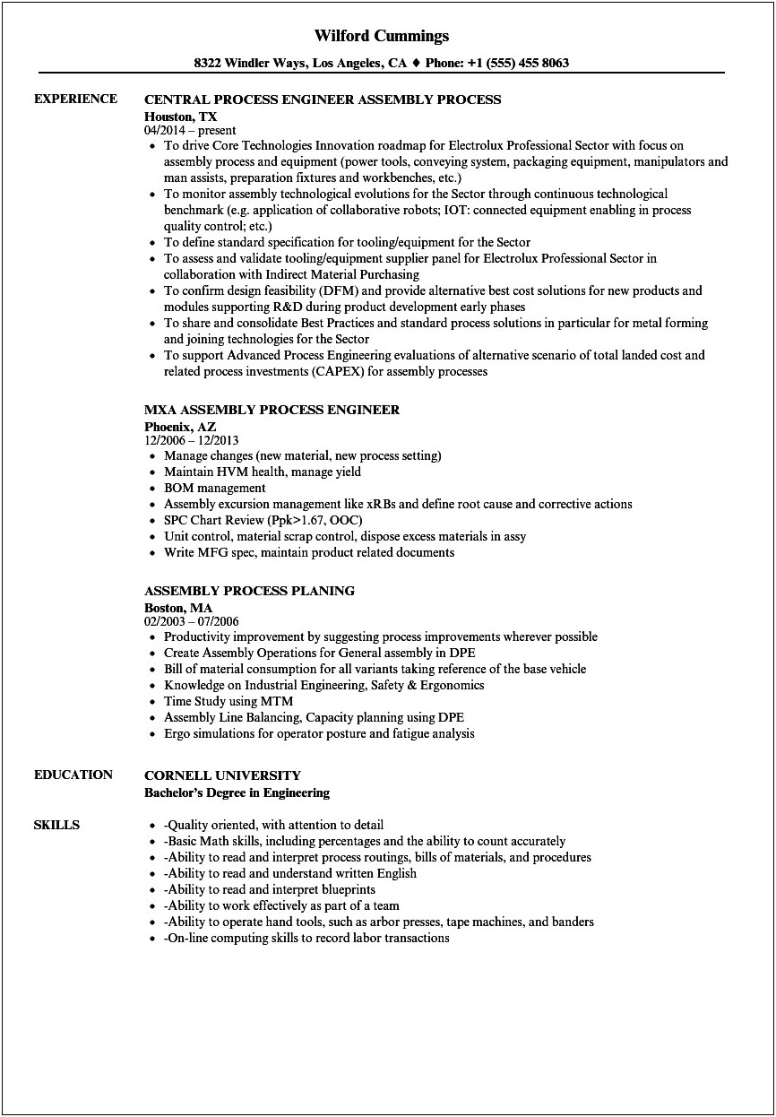 Assembly Line Resume Job Description