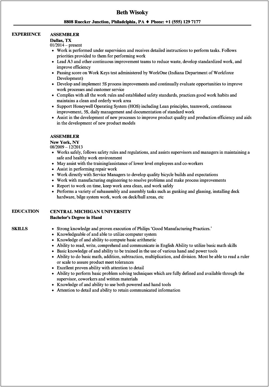 Assembly Tech Job Description For Resume