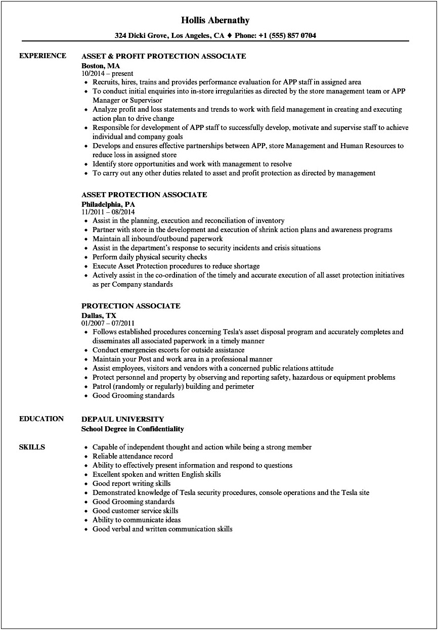 Asset Protection Associate Resume Example