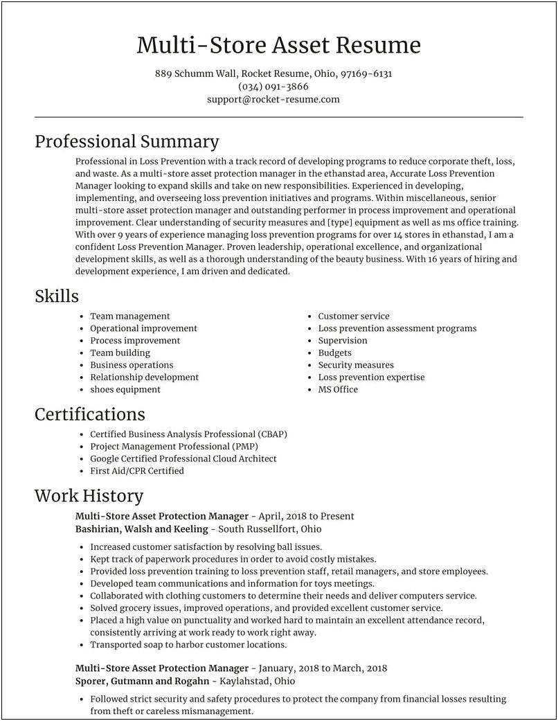 Asset Protection Manager Resume Example