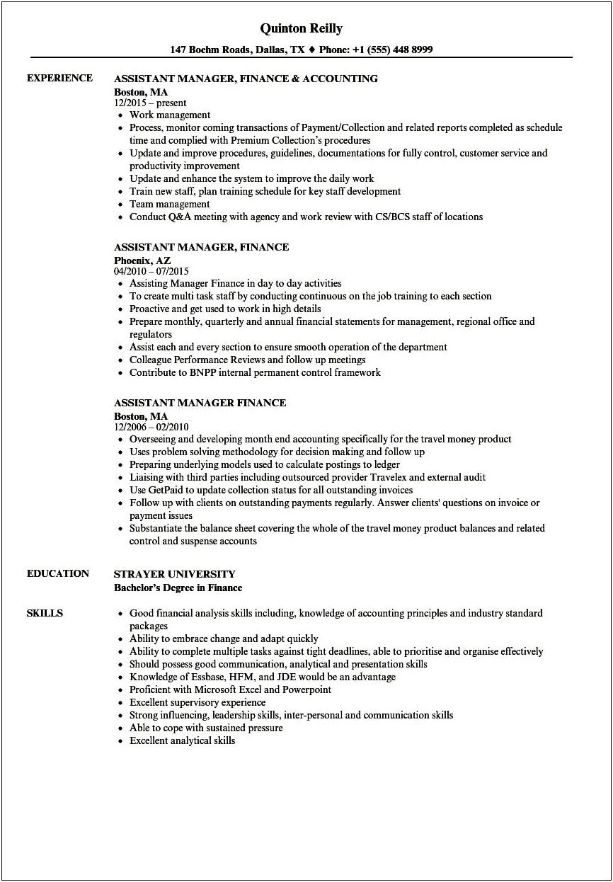 Assisant Bank Manager Resume Statement