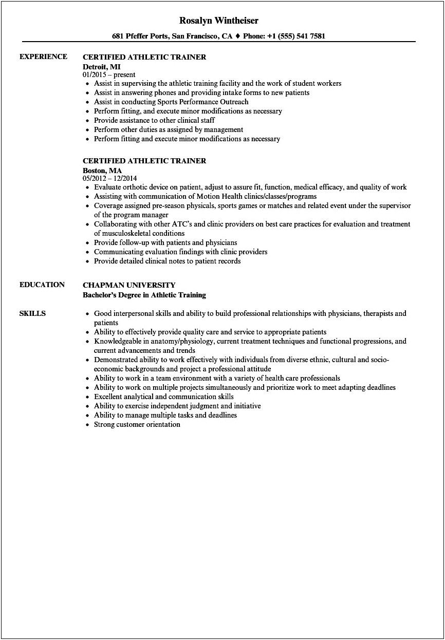 Assistant Athletic Trainer Resume Example
