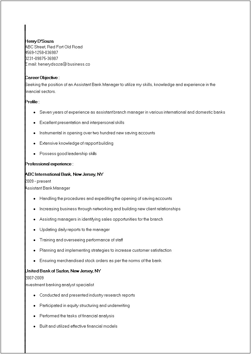 Assistant Bank Manager Job Description Resume