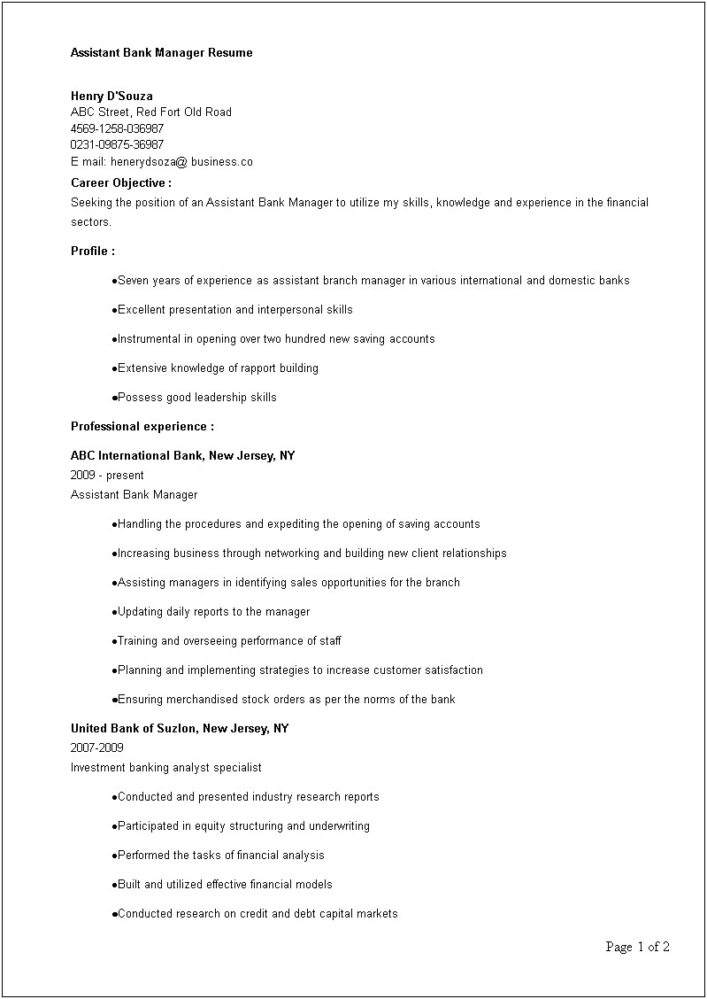 Assistant Bank Manager Resume Example