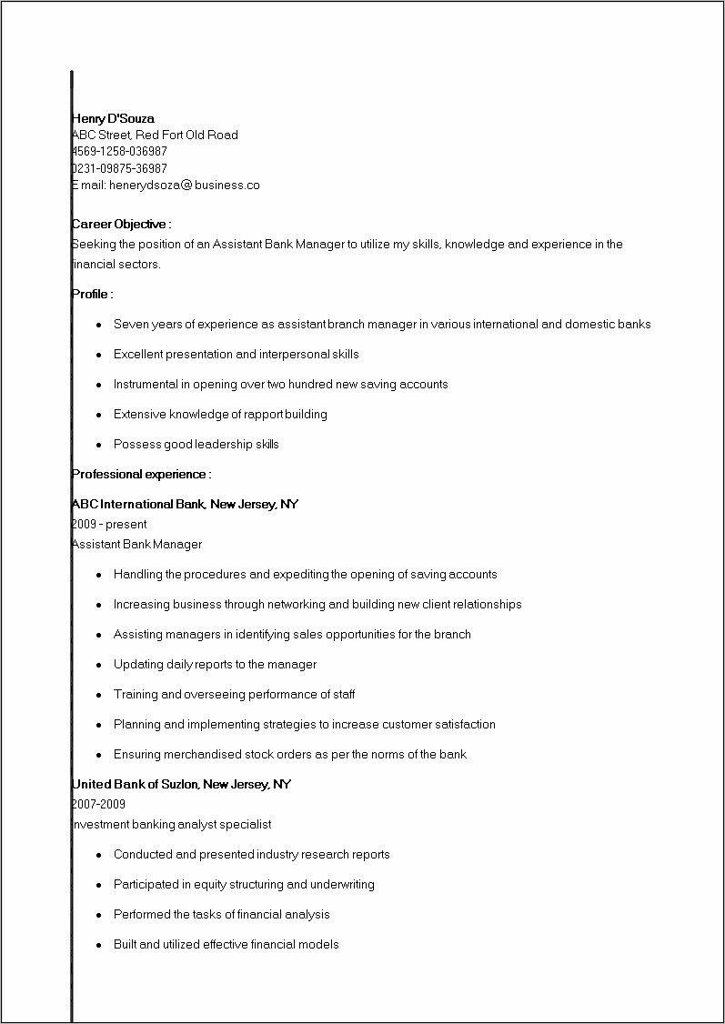 Assistant Bank Manager Resume Template