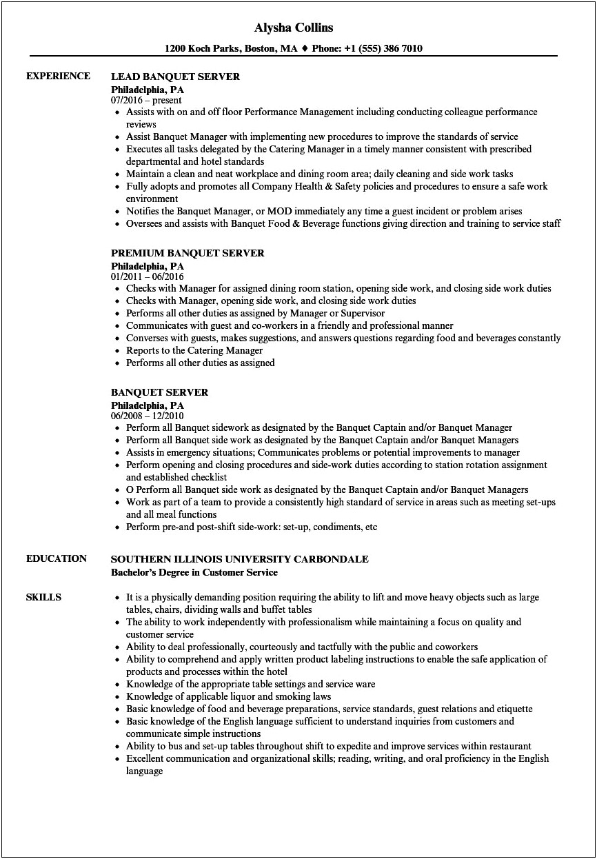 Assistant Banquet Manager Job Description For Resume