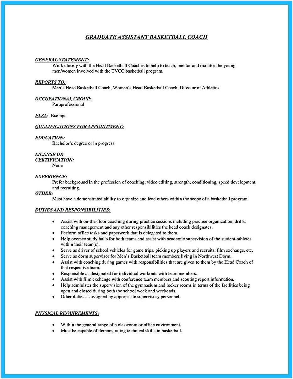 Assistant Basketball Coach Resume Objective