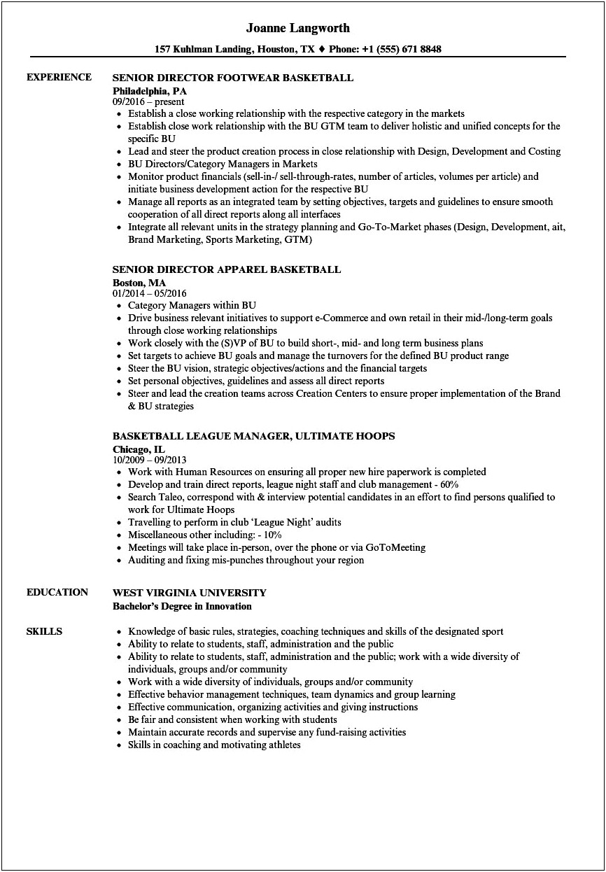 Assistant Basketball Coach Sample Resume
