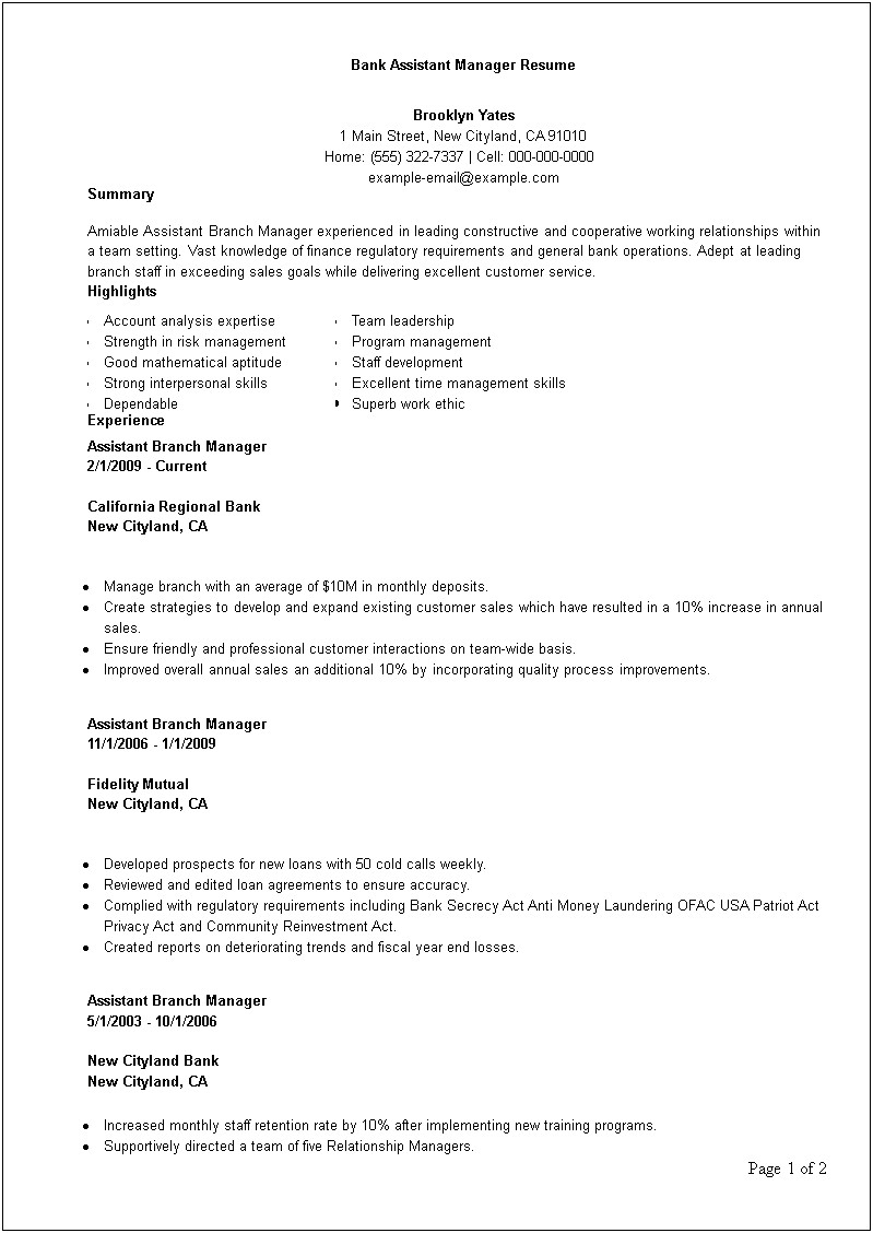 Assistant Branch Manager Bank Job Description For Resume