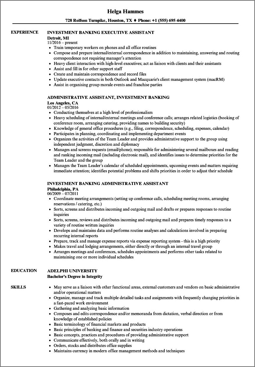 Assistant Branch Manager Investment Resume
