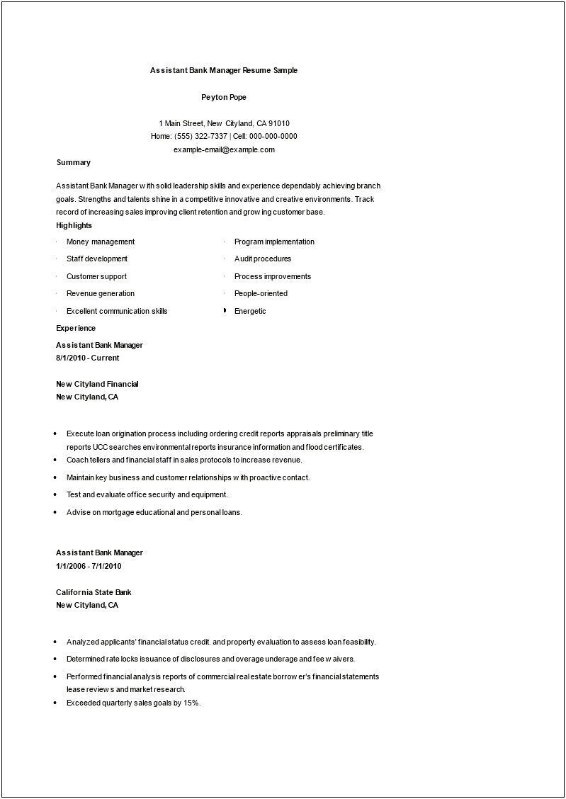 Assistant Branch Manager Resume Skills