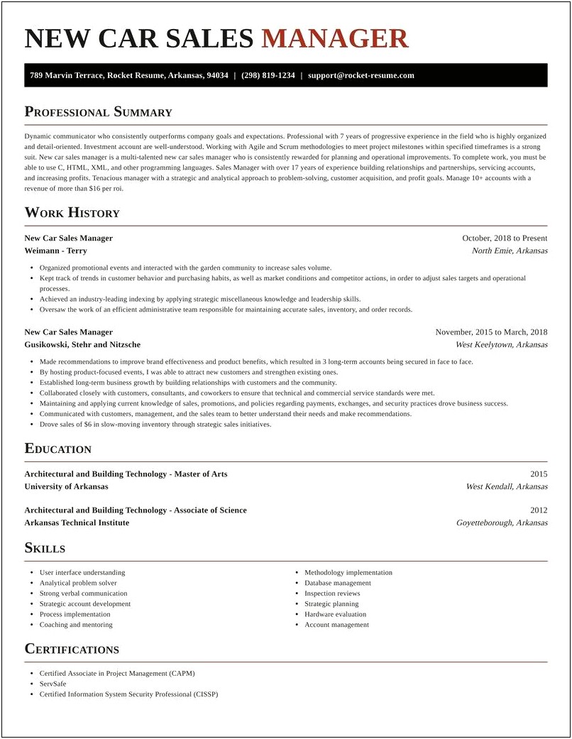 Assistant Car Sales Manager Resume