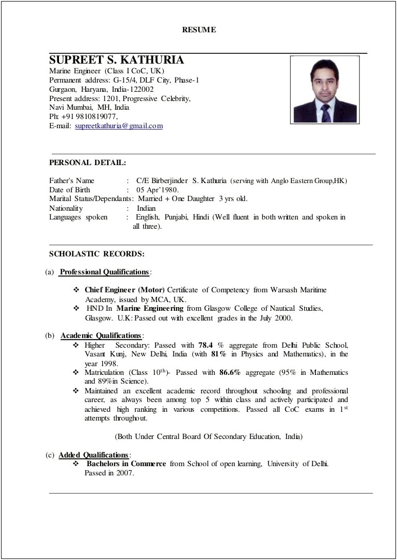 Assistant Chief Engineer Resume Sample