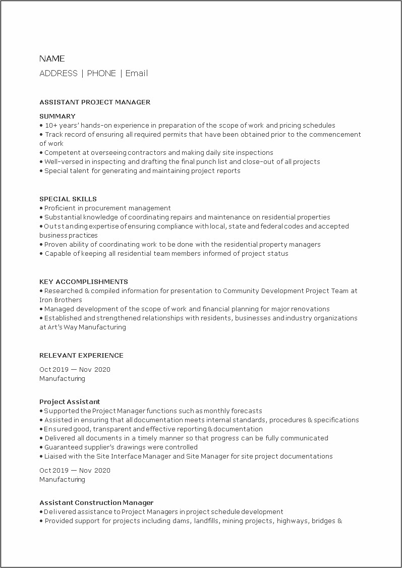 Assistant Construction Manager Resume Sample