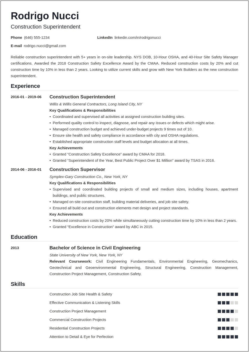 Assistant Construction Superintendent Resume Sample