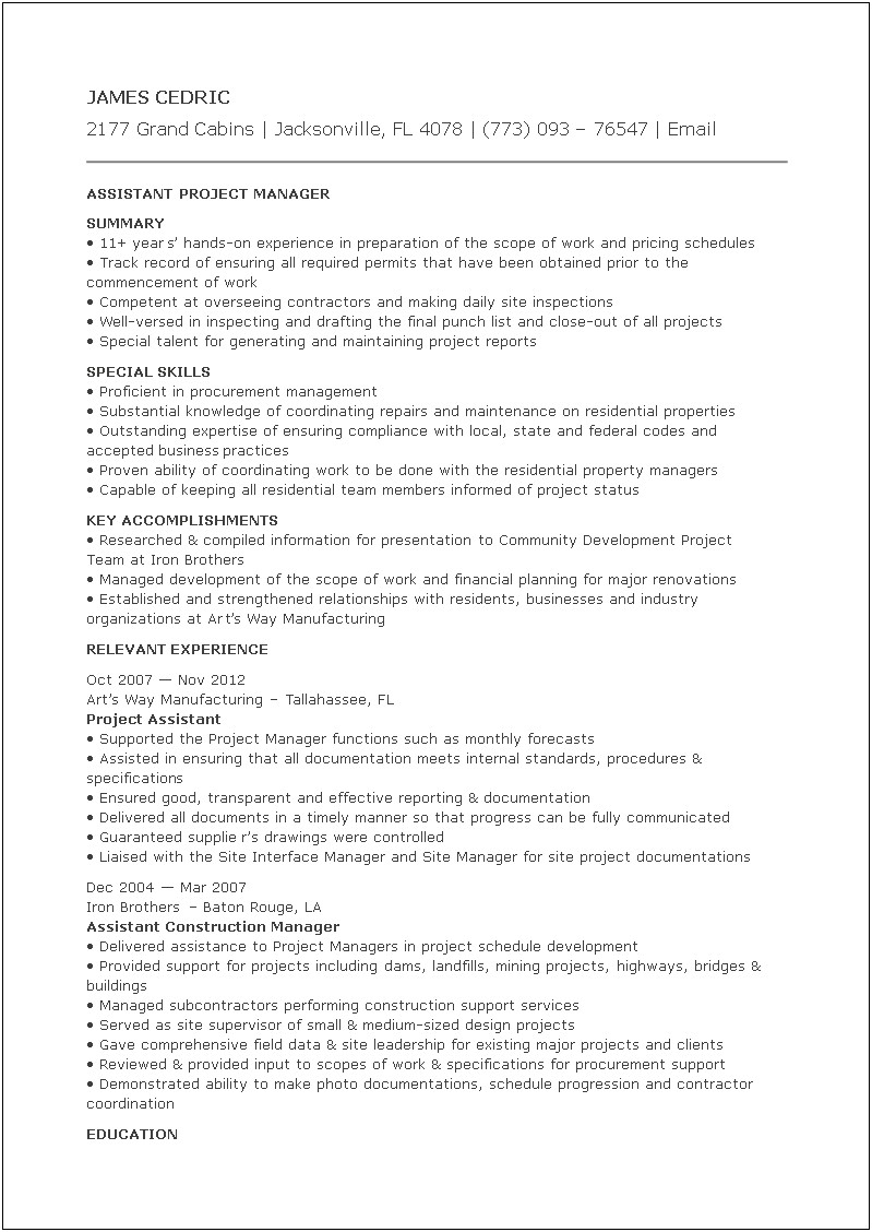 Assistant Cosntruction Manager Entry Level Resume