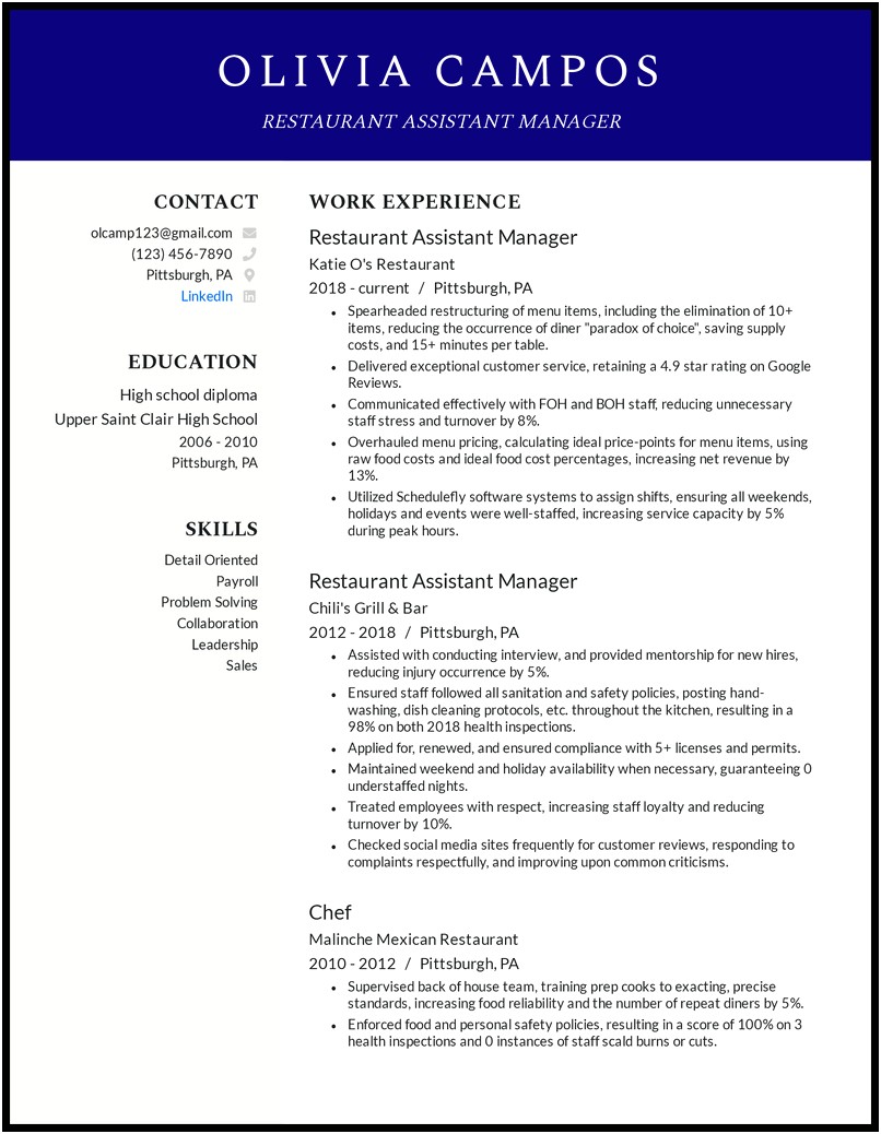 Assistant Dining Room Manager Resume