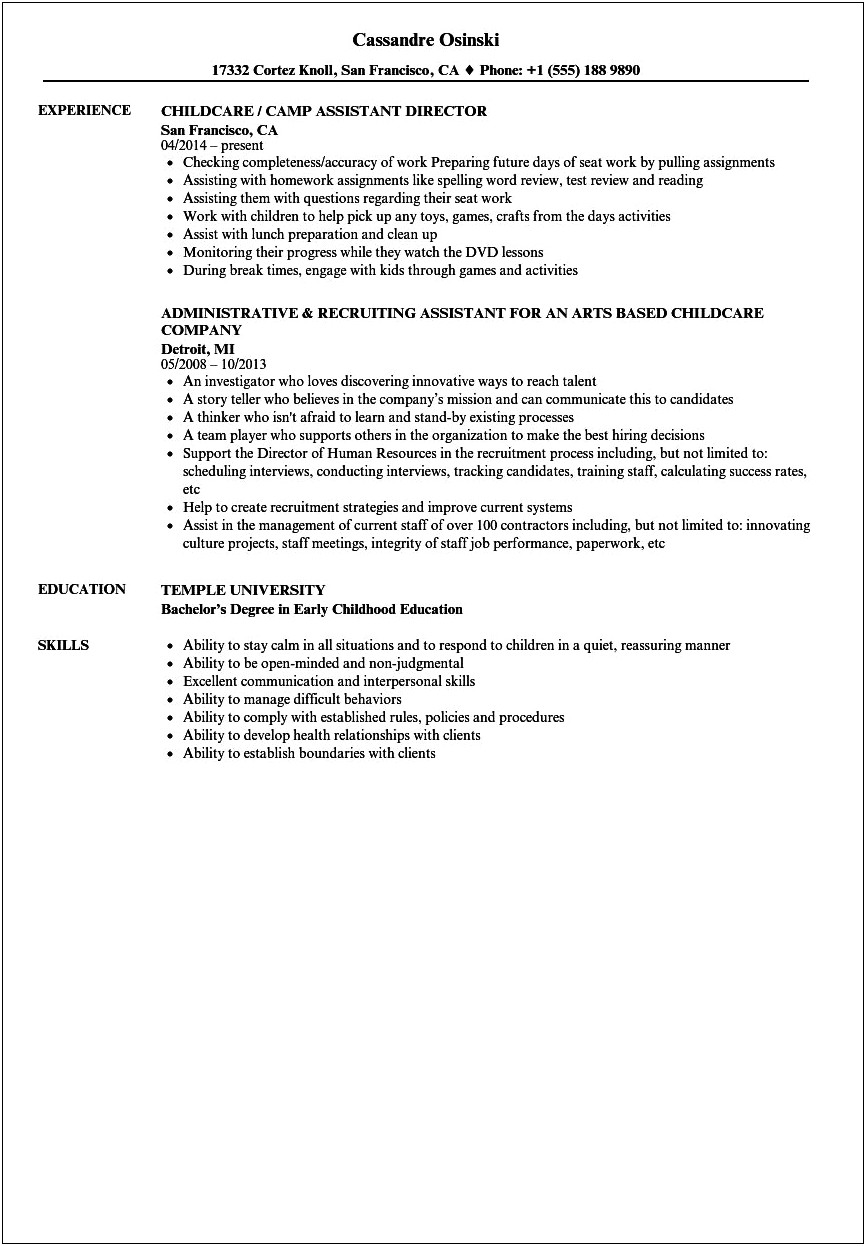 Assistant Director Daycare Objective Resume
