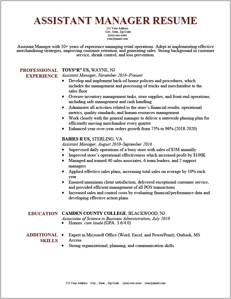 Assistant Director Of Operations Sample Resume