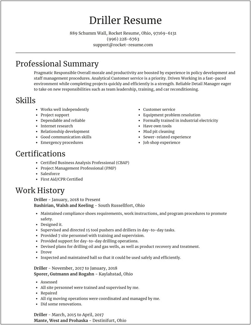 Assistant Driller Job Description Resume