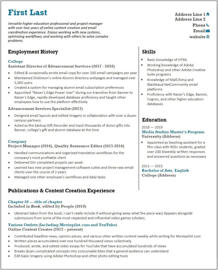 Assistant Editor Resume Media Management Workflows
