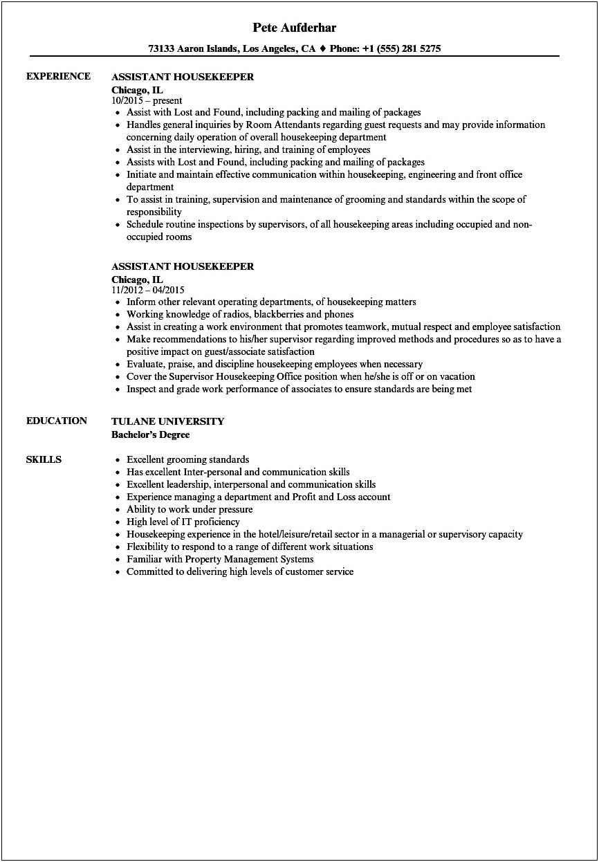 Assistant Executive Housekeeper Resume Sample