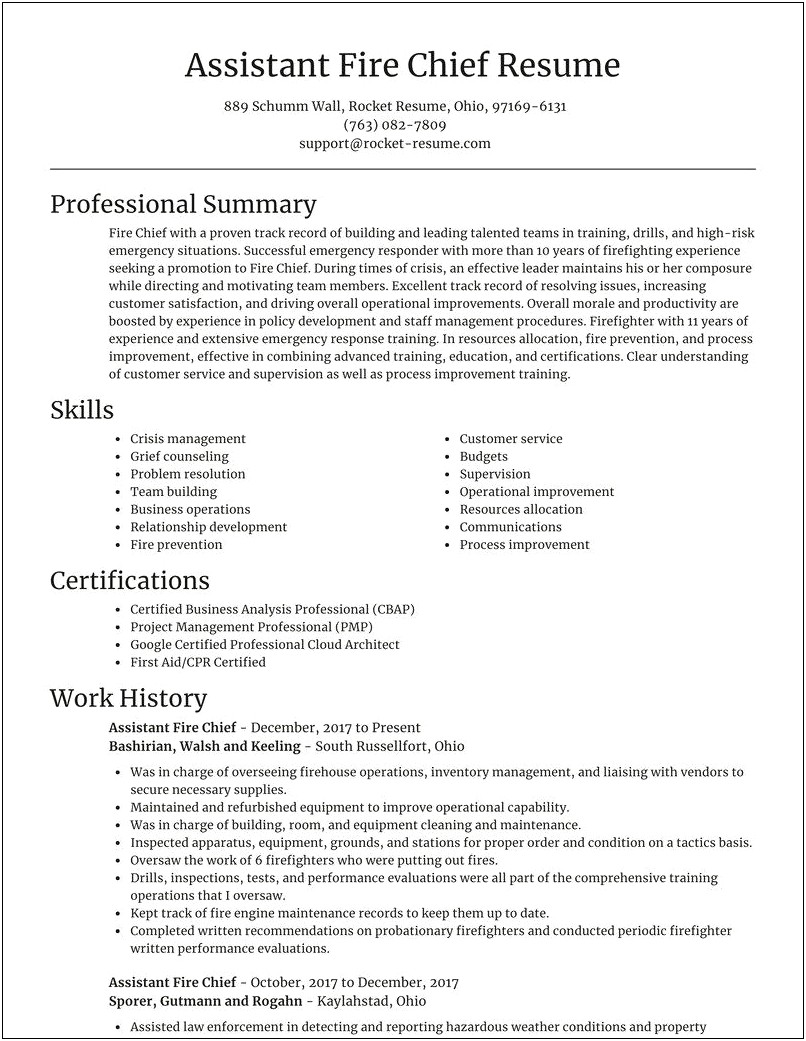 Assistant Fire Chief Resume Sample