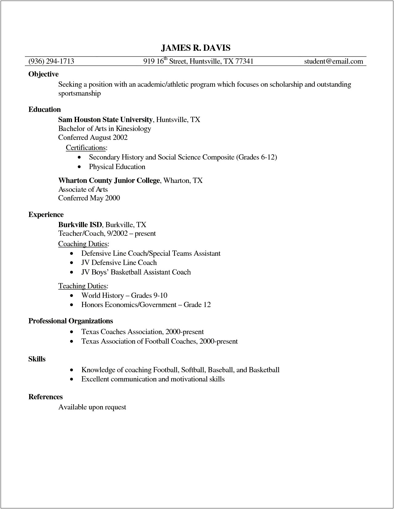 Assistant Football Coach Resume Sample