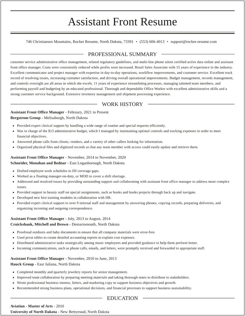 Assistant Front Office Manager Resume Examples