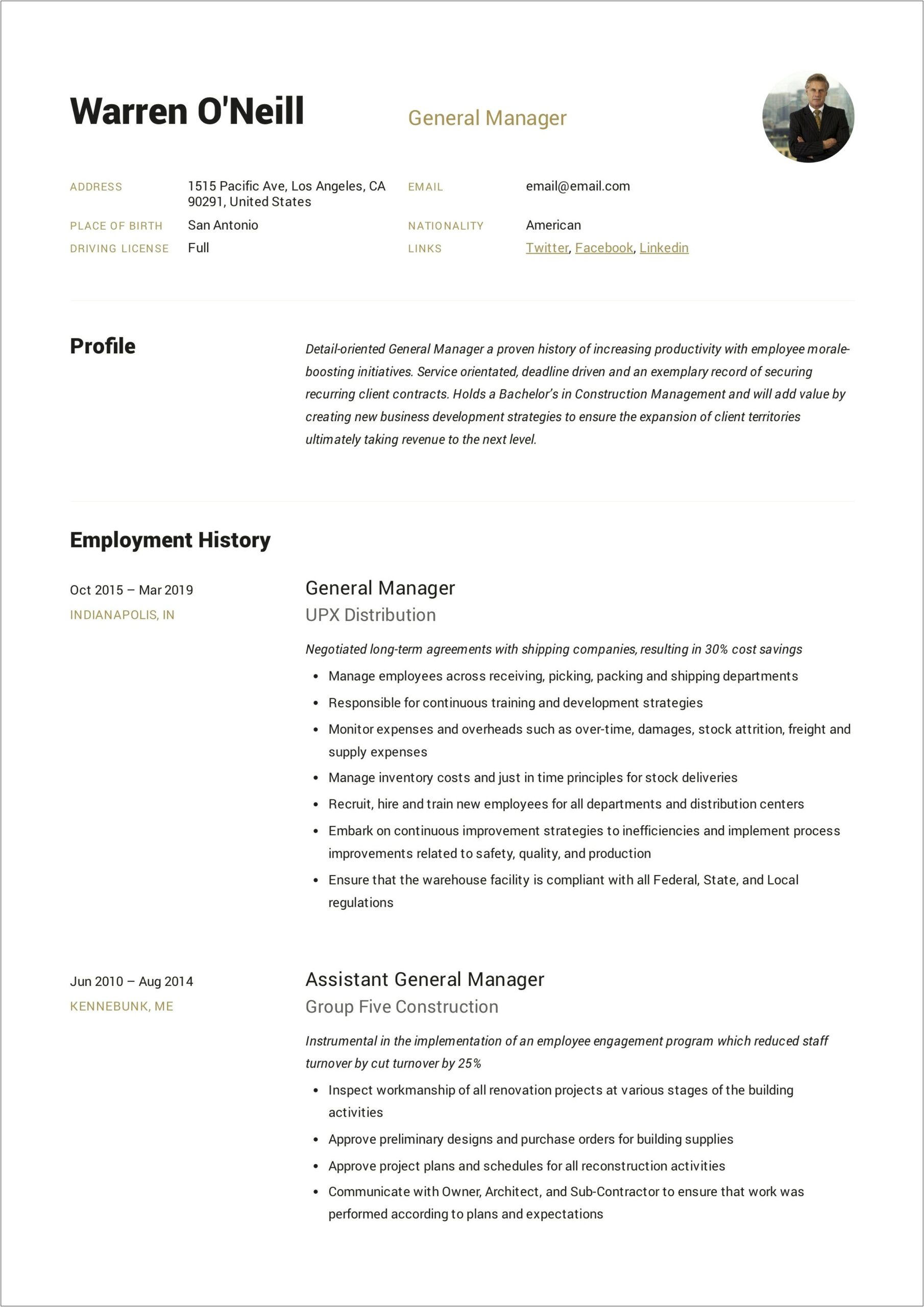 Assistant General Manager Description Resume