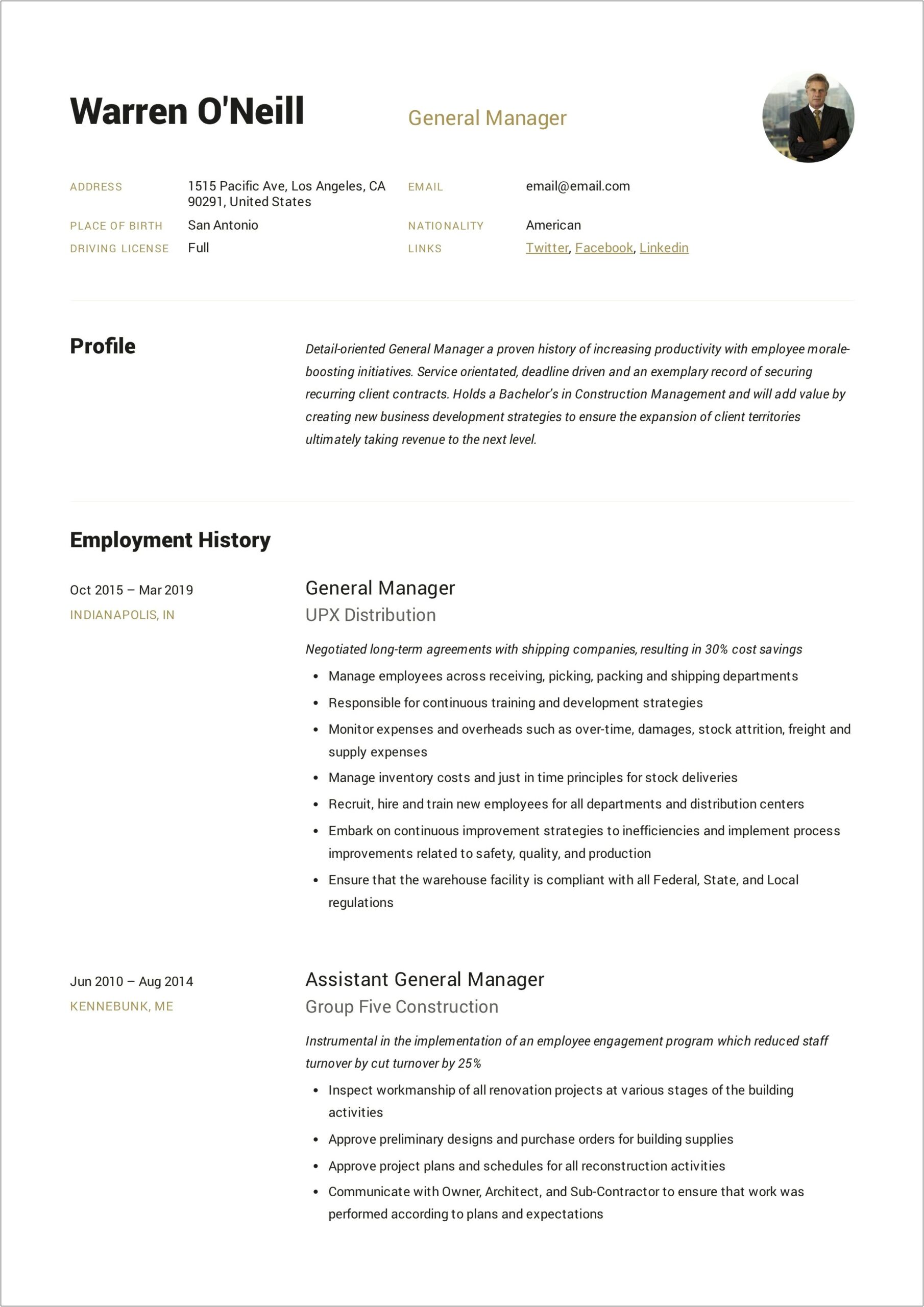 Assistant General Manager Job Description Restaurant Resume