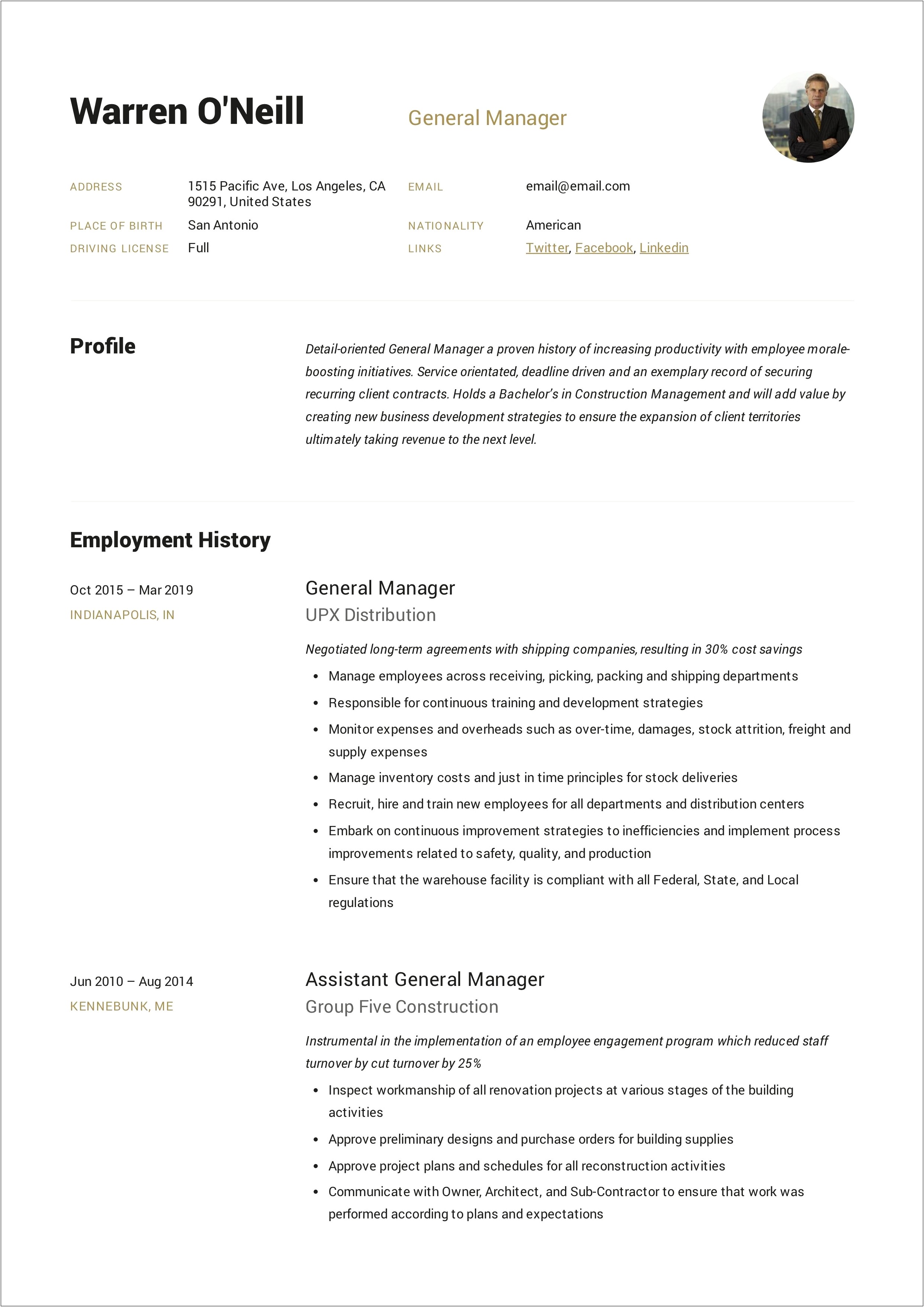 Assistant General Manager Job Description Restaurant Resume