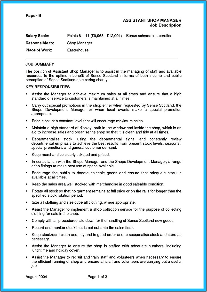 Assistant General Manager Job Description Resume