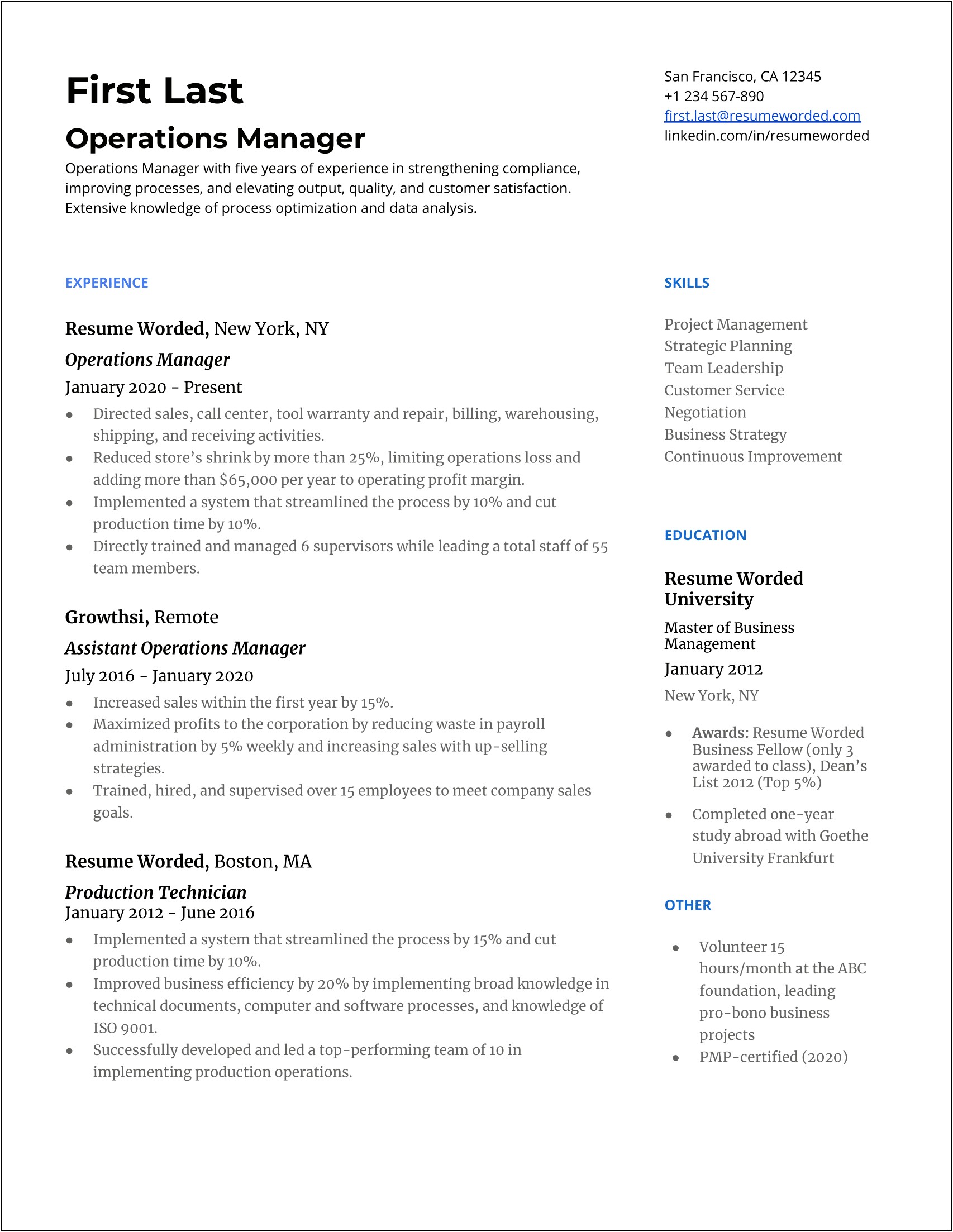 Assistant General Manager Resume Skills Example