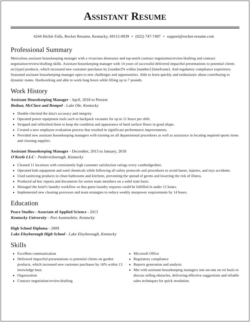 Assistant Head Housekeeping Manager Resume