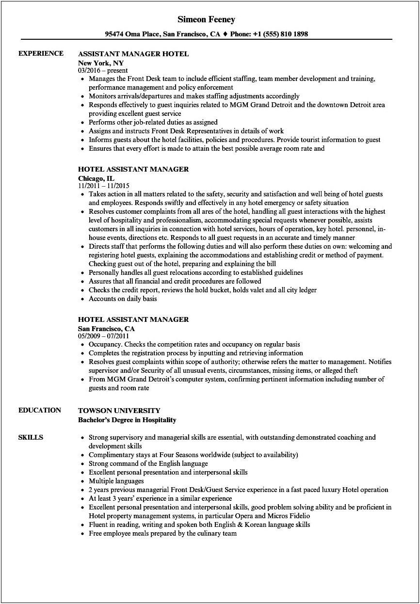 Assistant Hotel Manager Resume Example