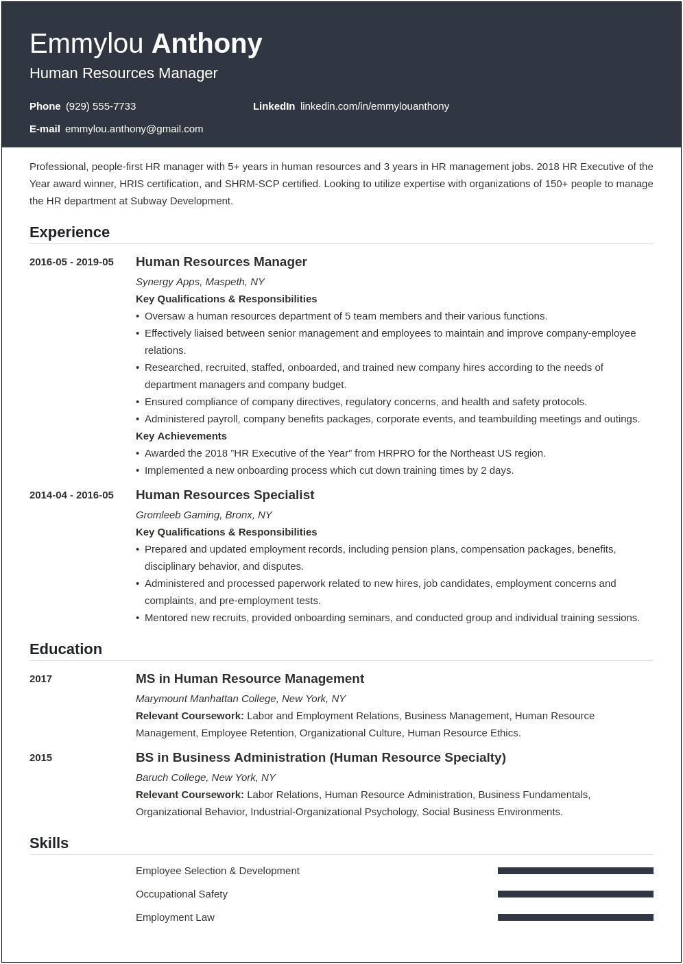 Assistant Human Resources Manager Resume