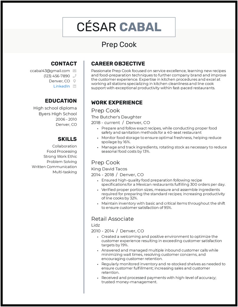 Assistant Manager And Line Cook Job Description Resume