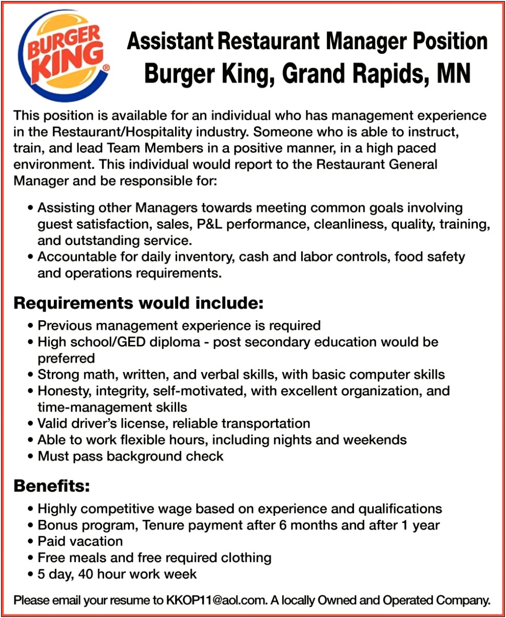 Assistant Manager Burger King Resume