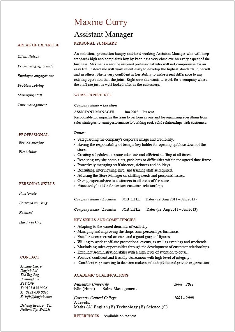 Assistant Manager Description On Resume
