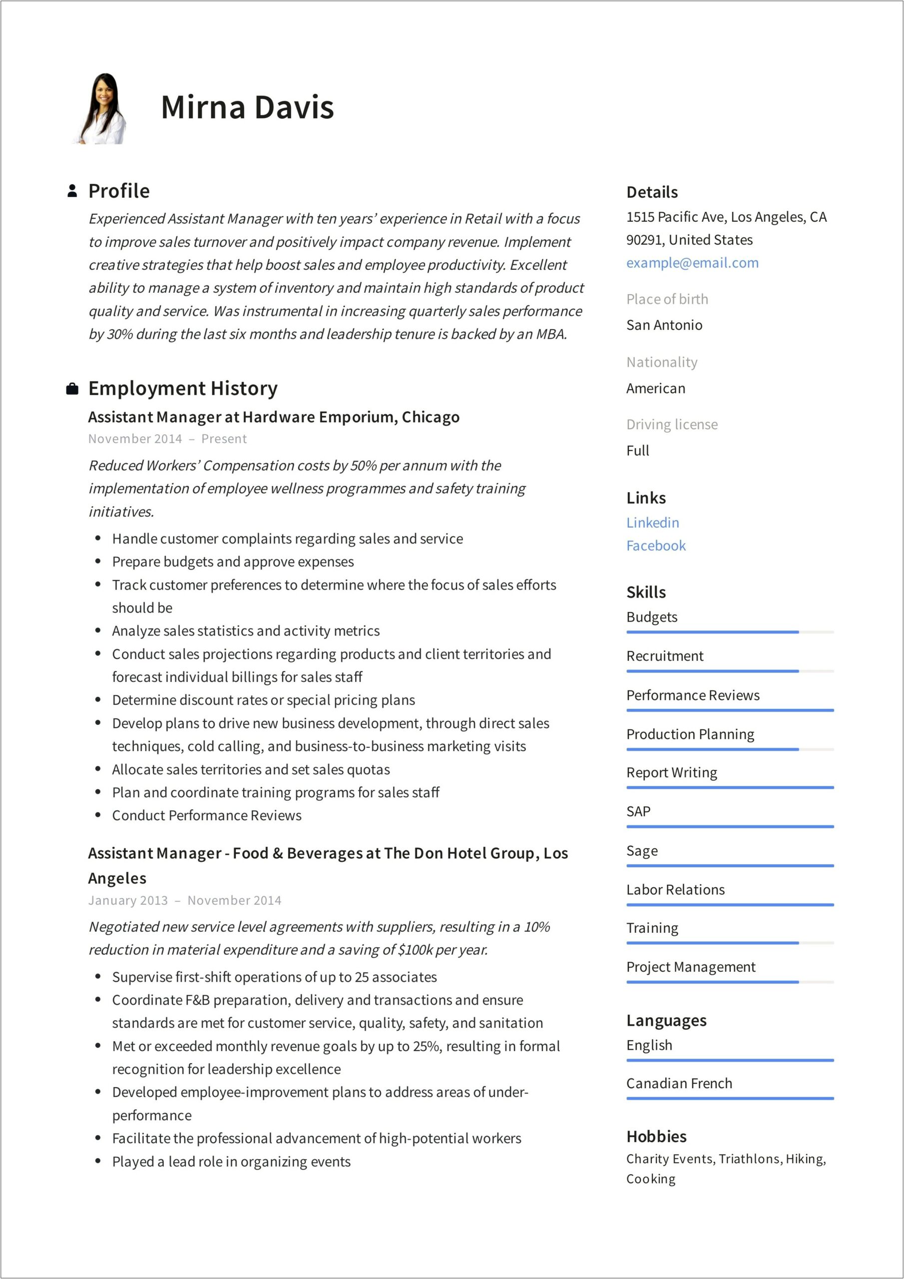 Assistant Manager Duties In Retail For Resume