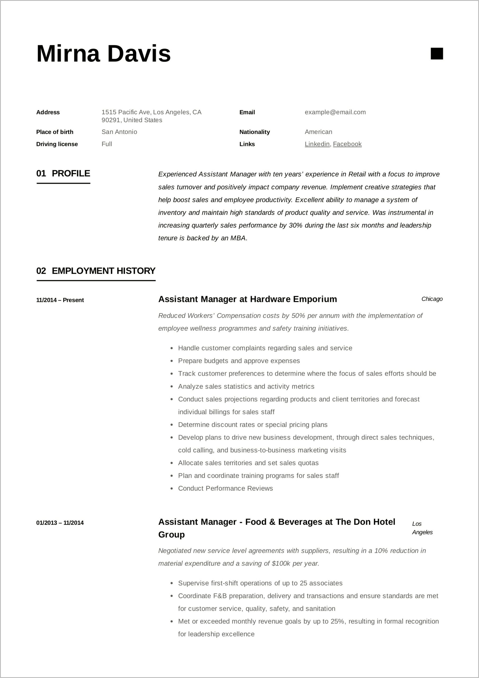 Assistant Manager Hotel Job Resume