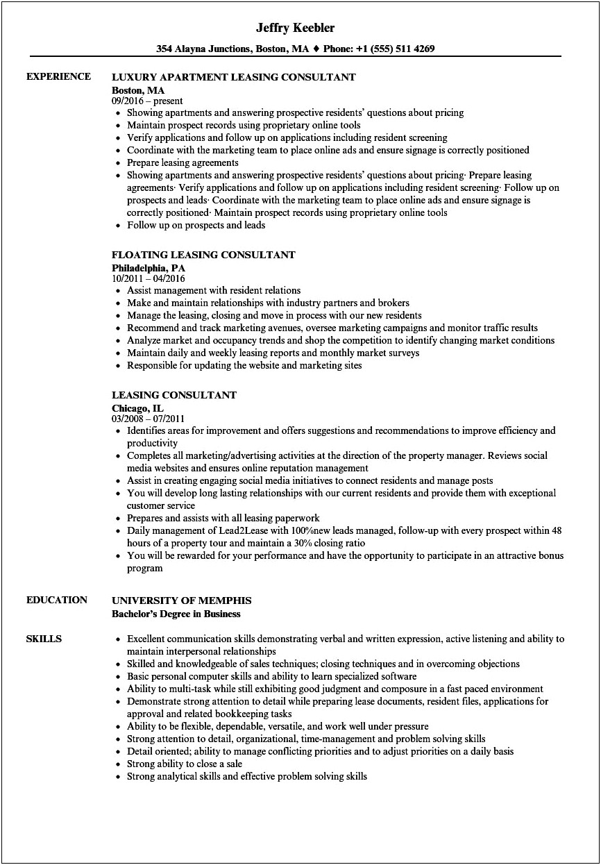 Assistant Manager Leasing Agent Resume